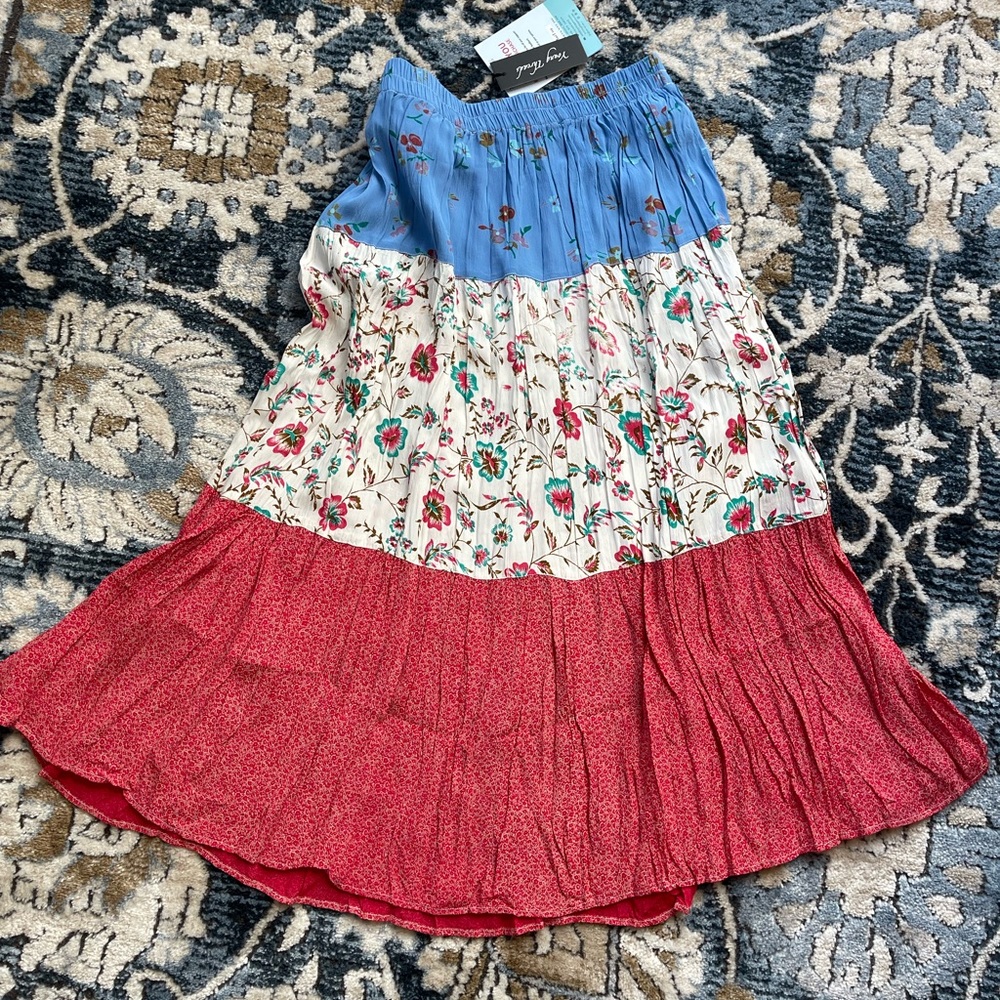 Floral Tiered Maxi Skirt in Red, White, and Blue